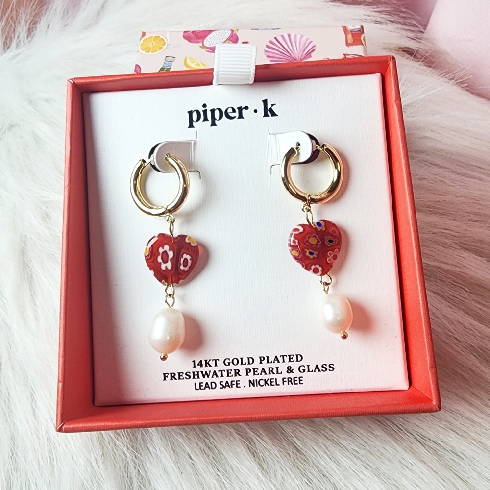 Piper K Murano Style Red Floral Heart Earrings